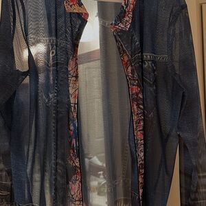 John Mark Sheer Blue denim/look, zip-up Floral Blouse